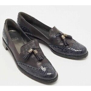 Stuart Weitzman Gray/Black Wingtip Tassel Loafer Python Embossed & Leather 9.5